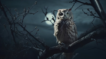 Beautiful owl sitting on a tree branch in the forest at nightの素材