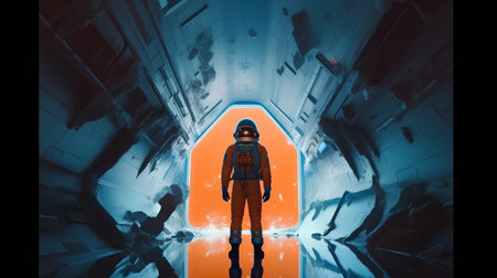 Astronaut in futuristic tunnel. 3D rendering. Futuristic corridor.の素材