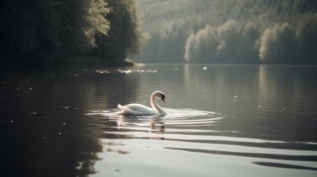 Beautiful white swan swimming on a lake in the autumn.の素材