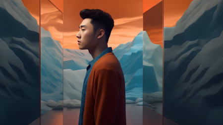 Fashionable asian man wearing a coat and looking at the camera while standing in front of a wall with mountains in the backgroundの素材