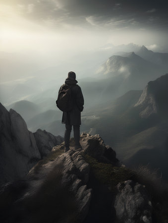 Hiker with backpack standing on the top of a mountain and enjoying the viewの素材