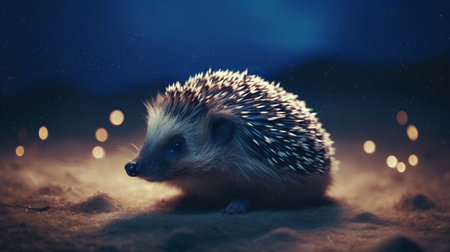 Hedgehog in the forest at night. Fantasy image of a wild, native, european hedgehog.の素材