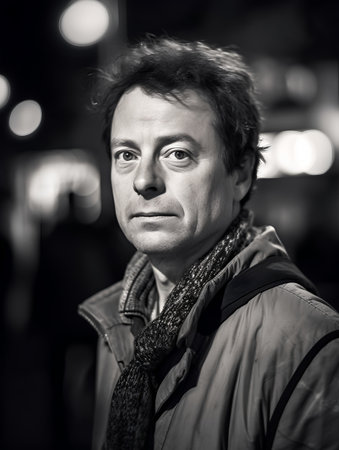 Portrait of a man in a city. Black and white.の素材