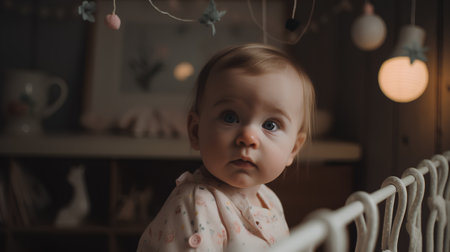Portrait of a cute baby girl in a room with garlandsの素材