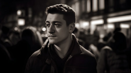 Portrait of a young man in the city. Black and white photo.の素材