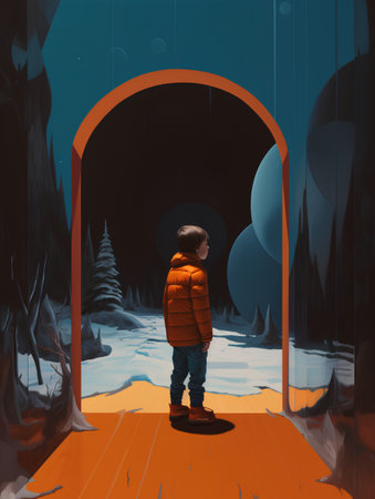 The boy stands in the doorway to the forest. 3D renderingの素材
