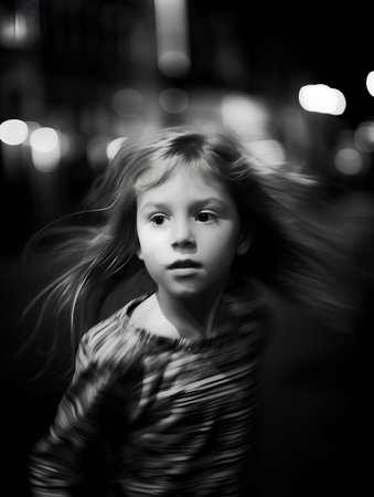 portrait of a little girl in the city at night, black and whiteの素材