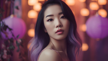 Beautiful asian woman with purple hair and chinese lanternsの素材