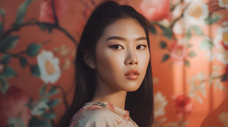 Portrait of a beautiful asian woman with fashion makeup and hairstyleの素材