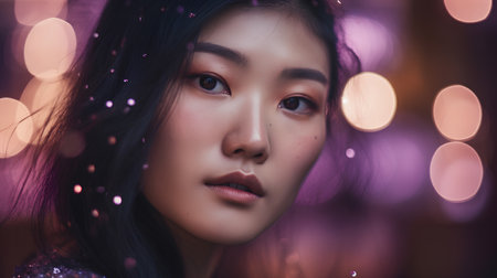 Portrait of a beautiful young asian woman on bokeh backgroundの素材