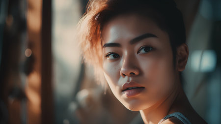 Beautiful asian woman looking at camera, closeup portrait.の素材