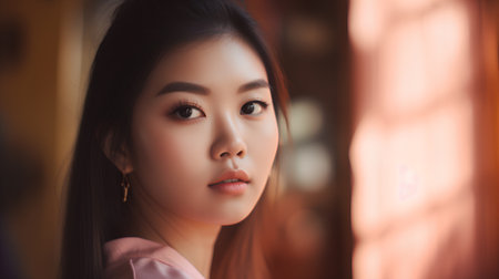 Portrait of a beautiful asian woman in pink shirt with makeupの素材