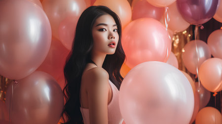 Portrait of beautiful asian young woman with pink and white balloons.の素材