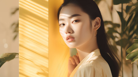beautiful asian woman with yellow blinds on the window.の素材