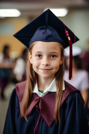 Portrait of cute little girl in graduation cap and gown in classroomの素材