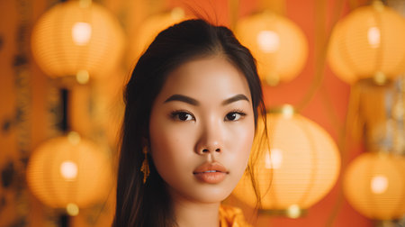 beautiful young asian woman with chinese lanterns on orange backgroundの素材