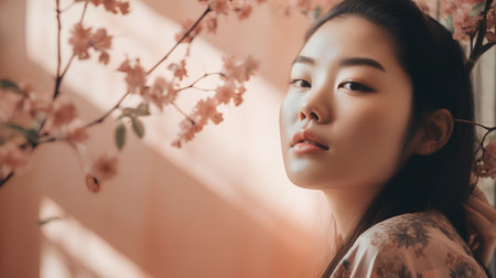 Beautiful young asian woman with natural makeup and flowers in the roomの素材