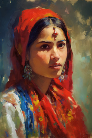 Digital painting of a beautiful indian woman with red headscarfの素材