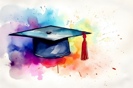 Graduation cap on watercolor background. Education concept. Vector illustration.の素材
