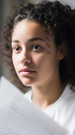 Portrait of a young girl with curly hair holding a sheet of paperの素材