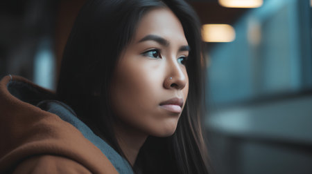 Portrait of a beautiful asian woman with brown coat looking at cameraの素材
