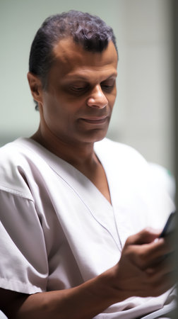 Portrait of a doctor using mobile phone in the hospital ward.の素材