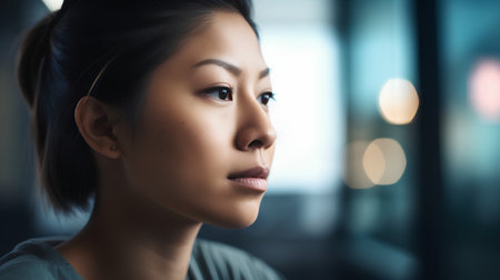 Portrait of a beautiful Asian woman looking away in the office.の素材