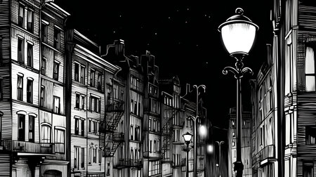 illustration of a street in the city at night with lanternsの素材