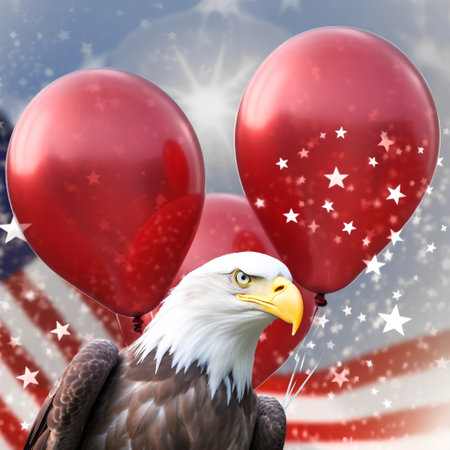 Bald Eagle with red and white balloons on background of American flagの素材