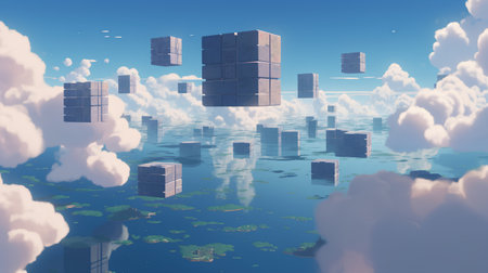 3d render of cubes floating in the sky with a lot of cloudsの素材