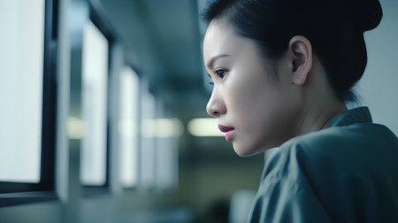 young businesswoman looking out the window in office. asian beautyの素材