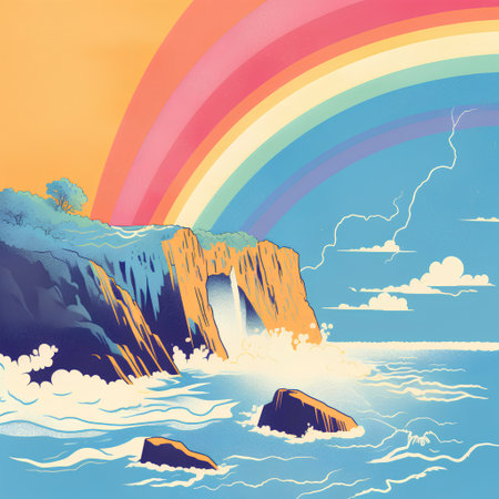 Fantasy landscape with a sea, mountains and rainbow. Vector illustration.の素材