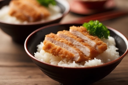 Japanese food, Tonkatsu fried pork with rice on wooden tableの素材