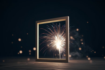 Open door with firework on dark background. 3D Renderingの素材