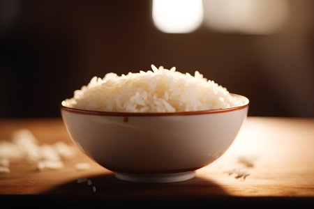 rice in a bowl on a wooden table, shallow depth of fieldの素材