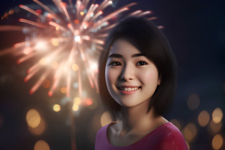 Portrait of beautiful asian woman with fireworks background at New Yearの素材