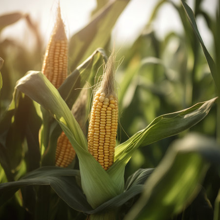 Ripe corn on the cob in the field. Shallow depth of field.の素材