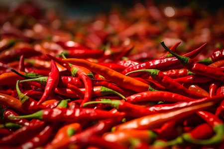 Red hot chili peppers on a market stall. Shallow DOFの素材