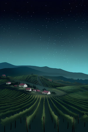 Night landscape with vineyards and village in the mountains. Vector illustrationの素材
