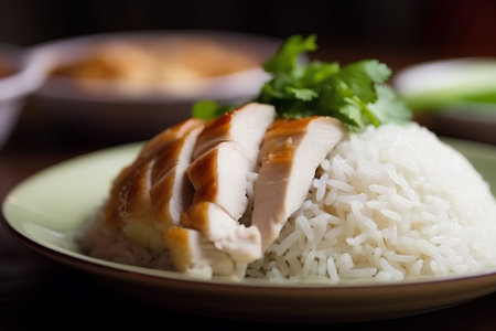 Hainanese chicken rice on a plate. Selective focus.の素材