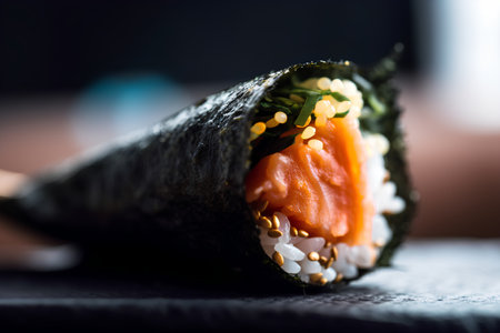 Sushi roll with salmon, rice and seaweed on a black backgroundの素材