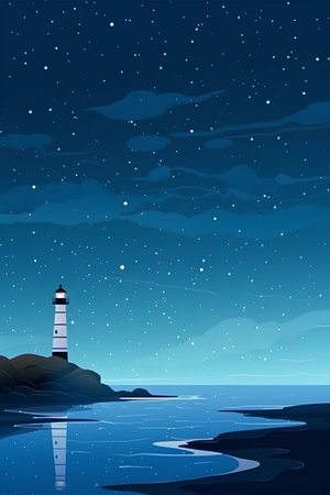 Night landscape with lighthouse and starry sky. Vector illustration for your designの素材