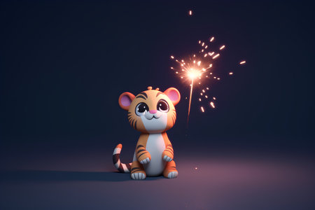 Cute cartoon tiger with sparkler on dark background. Vector illustration.の素材