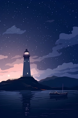Lighthouse on the sea at night. Vector illustration. Eps 10の素材