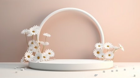 3d render of white podium with white daisies on pink backgroundの素材