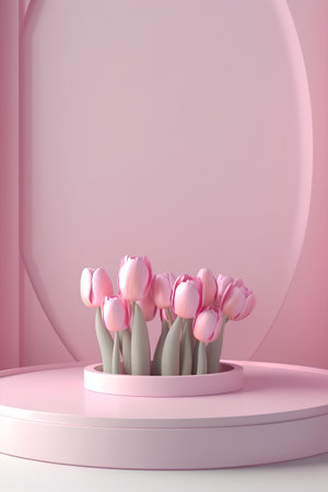 3d rendering of pink tulips on podium for product display.の素材