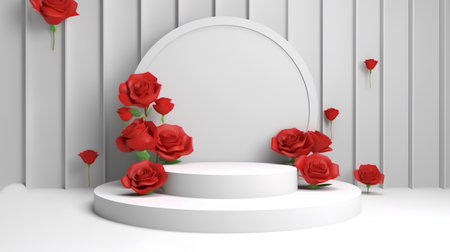 3d render of white podium with red roses on white wall backgroundの素材