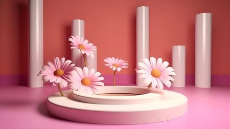 3d render of pink podium with daisies and geometric shapes on the backgroundの素材