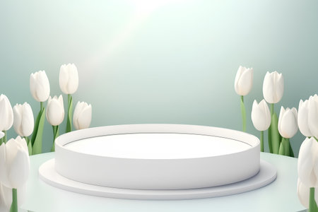 White tulips and round podium on blue background. 3d renderの素材