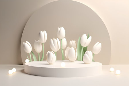 White tulips on a white podium in the interior. 3d renderingの素材